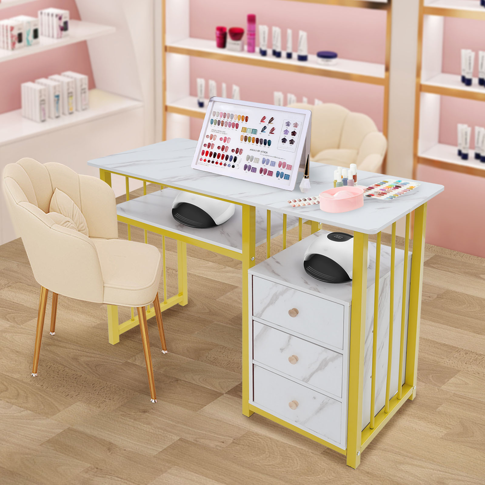 Office Tech Room - 39,37×15,75×29,92 Zoll großer goldener Nageltechnikertisch mit