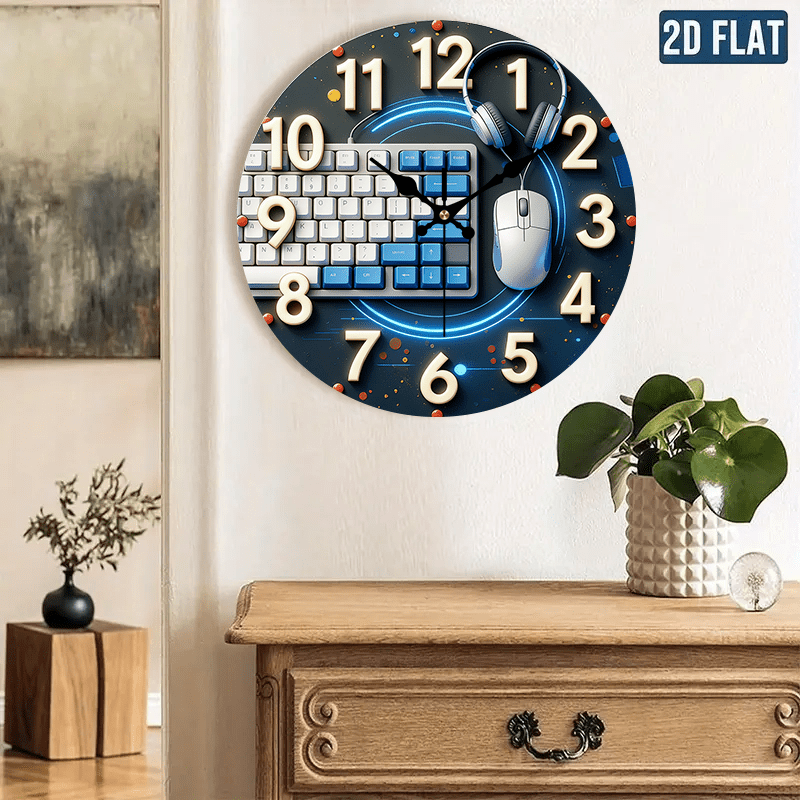 Office Tech Room - 2D-Flach, 1 Stück, Tech-Style Holz-Wanduhr, Essentielle
