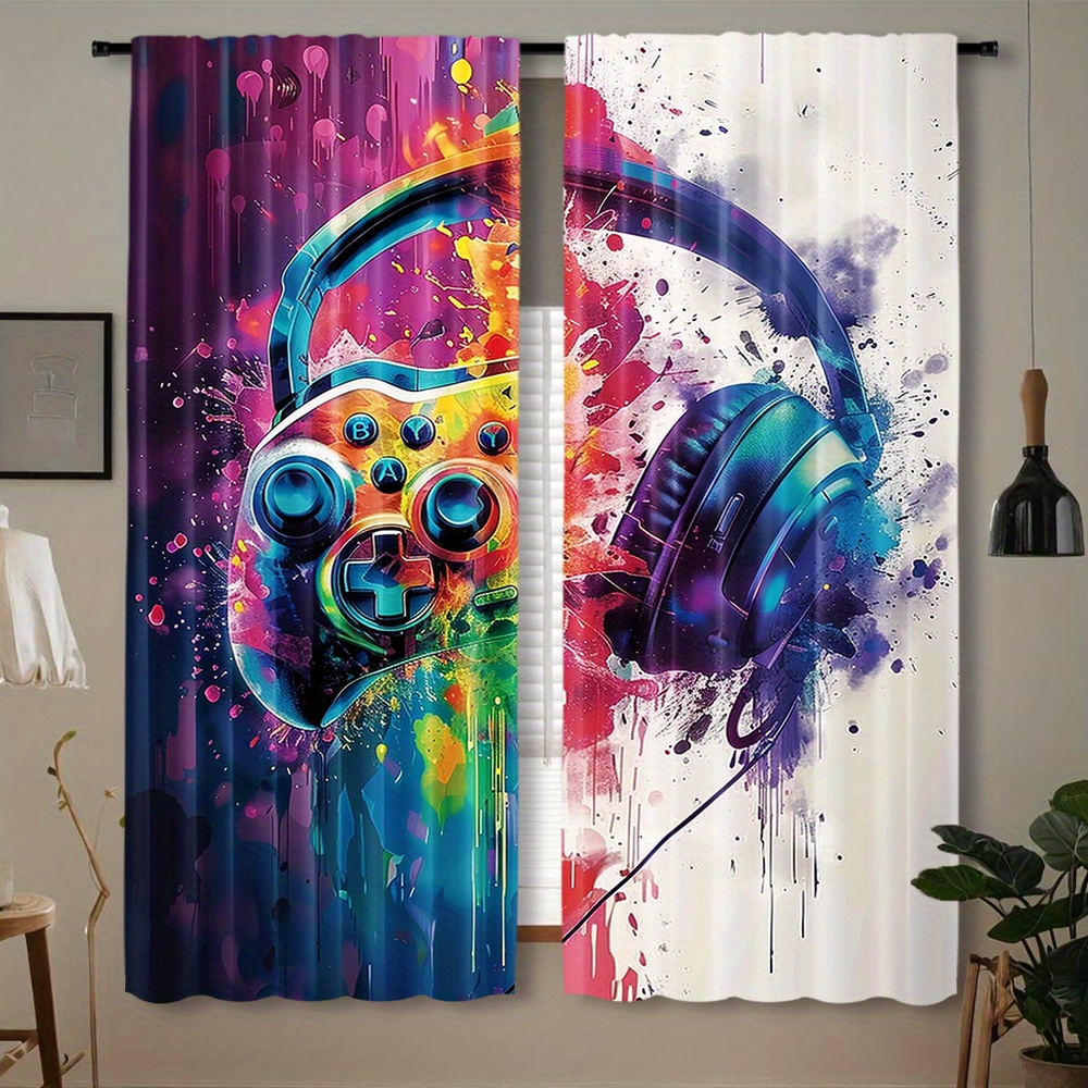 Office Tech Room - Gaming-Controller-Vorhänge, Kopfhörer, Kunst, Fenstervorhänge, technisches Design,